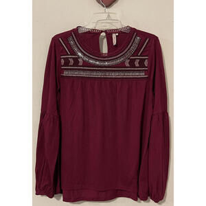 Red Camel Womens Large Burgundy Beaded Long-Sleeved Flowy Blouse! M1389